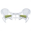 Jeco 3 Piece Wicker Conversation Set in White with Green Cushions
