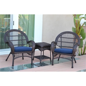 Jeco 3 Piece Resin Wicker Patio Conversation Set in Espresso with Blue Cushions