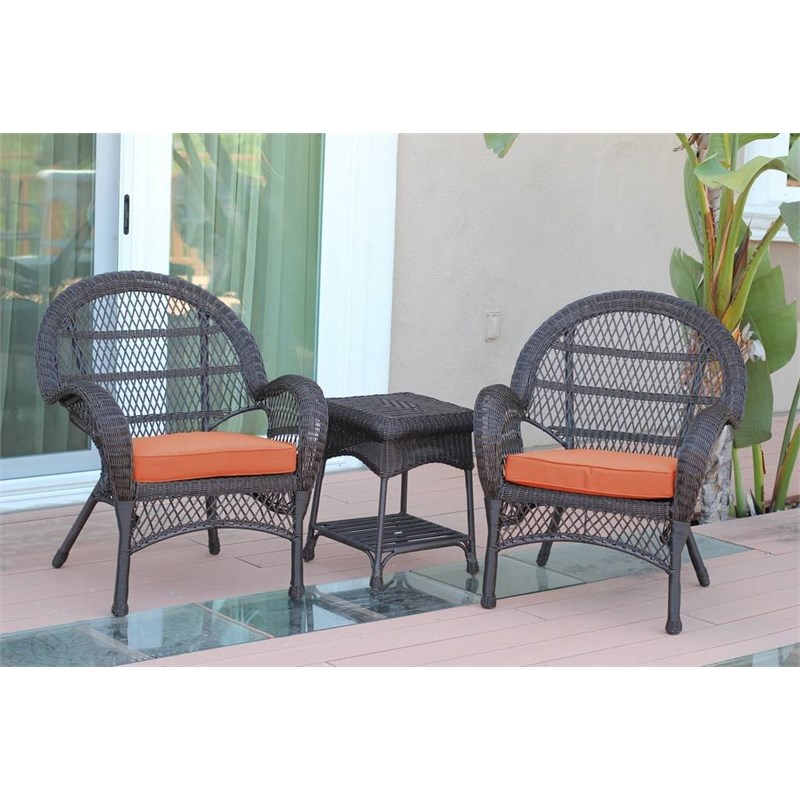 Jeco 3 Piece Resin Wicker Patio Conversation Set in Espresso with Orange Cushion