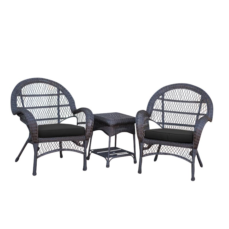 Jeco 3 Piece Wicker Conversation Set in Espresso with Black Cushions