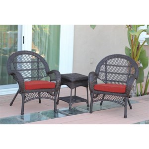 Jeco 3 Piece Resin Wicker Patio Conversation Set in Espresso w/Brick Red Cushion