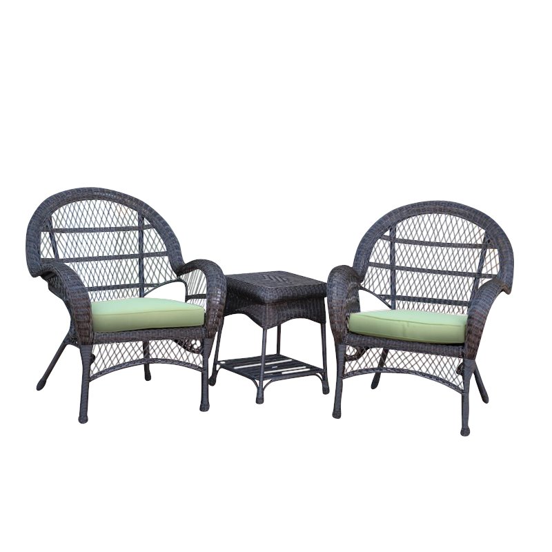 Jeco 3 Piece Wicker Conversation Set in Espresso with Green Cushions