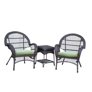 Jeco 3 Piece Wicker Conversation Set in Espresso with Green Cushions