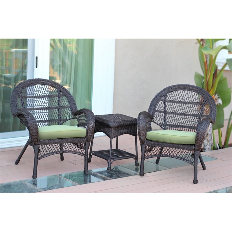 Jeco 3 Piece Wicker Conversation Set in Espresso with Green Cushions