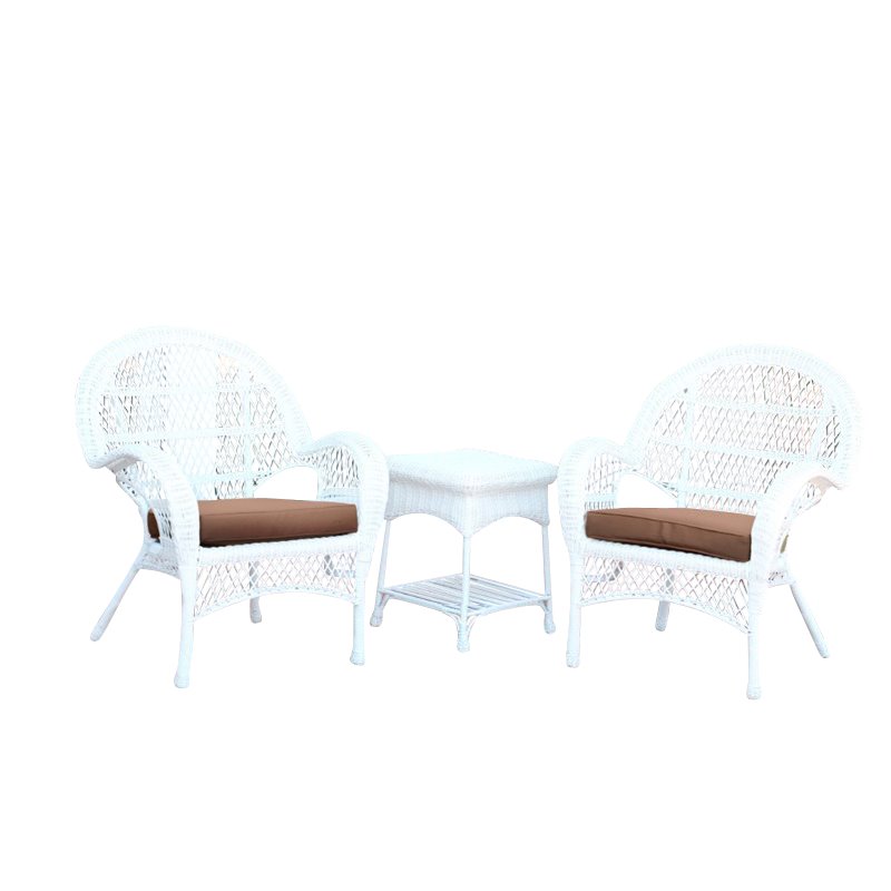 Jeco 3 Piece Wicker Conversation Set in White with Brown Cushions