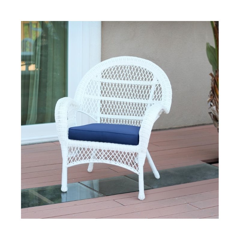 Jeco 3 Piece Wicker Conversation Set in White with Blue Cushions