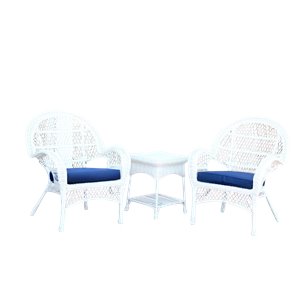 Jeco 3 Piece Wicker Conversation Set in White with Blue Cushions