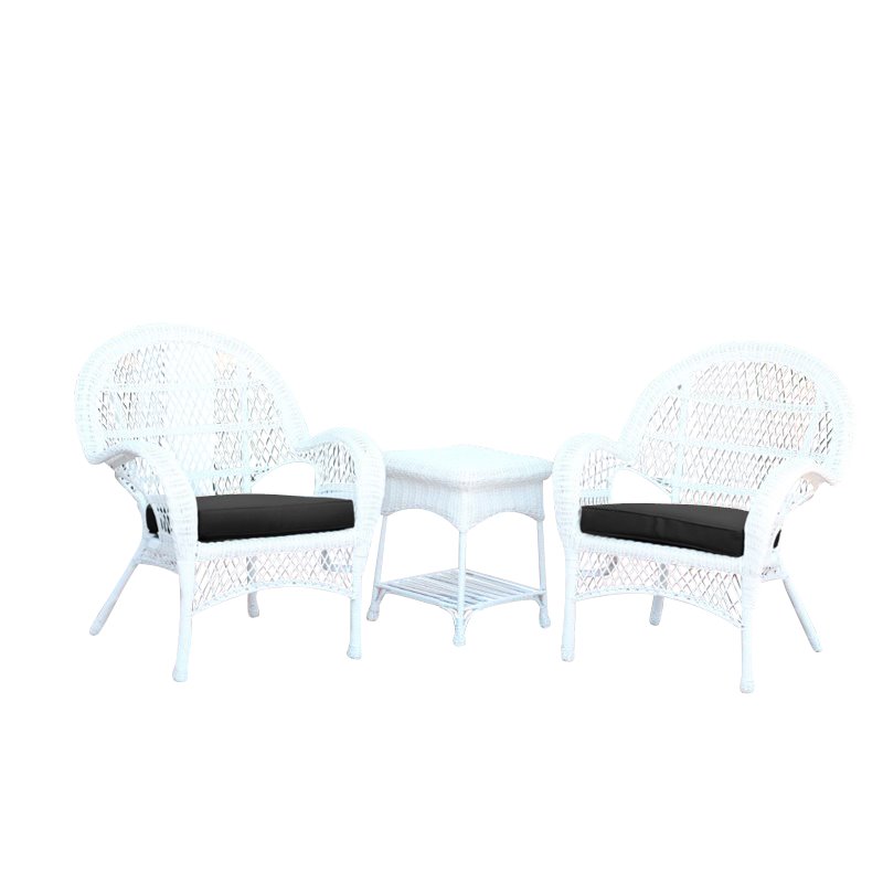 Jeco 3 Piece Wicker Conversation Set in White with Black Cushions