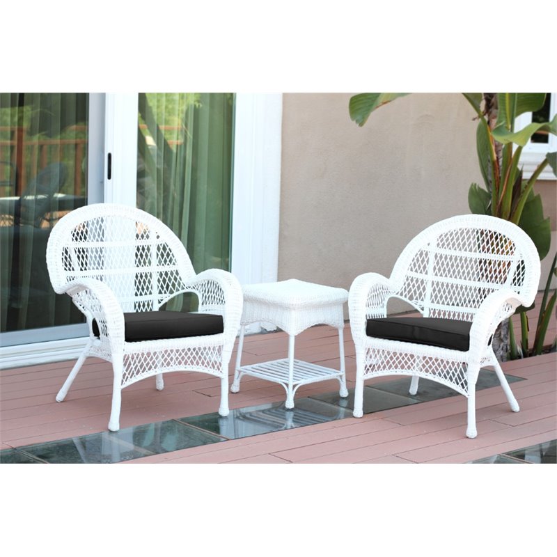 Jeco 3 Piece Wicker Conversation Set in White with Black Cushions