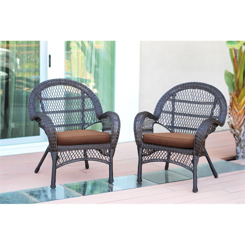 Jeco Wicker Resin Chair in Espresso with Brown Cushion (Set of 2)