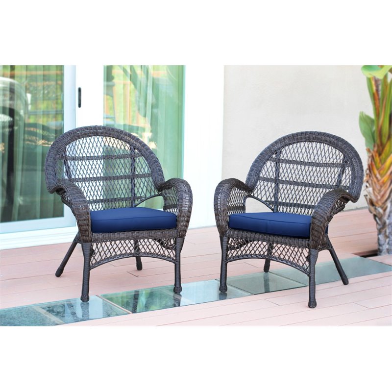 Jeco Wicker Chair in Espresso with Blue Cushion (Set of 2)