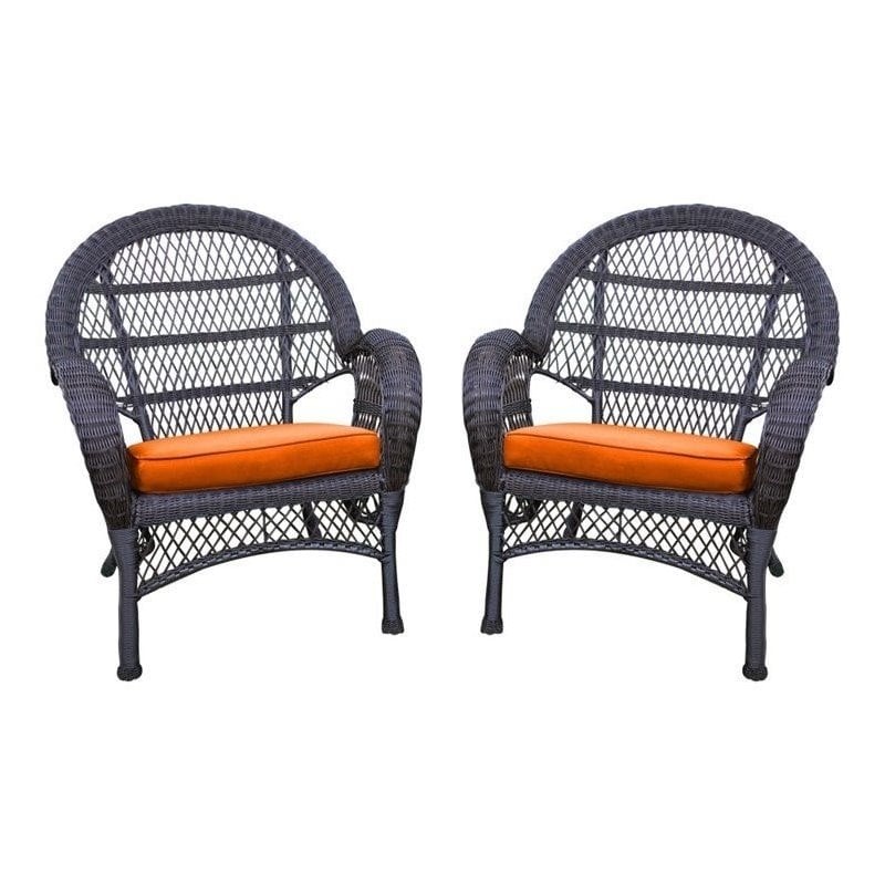 Jeco Wicker Chair in Espresso with Orange Cushion (Set of 2)