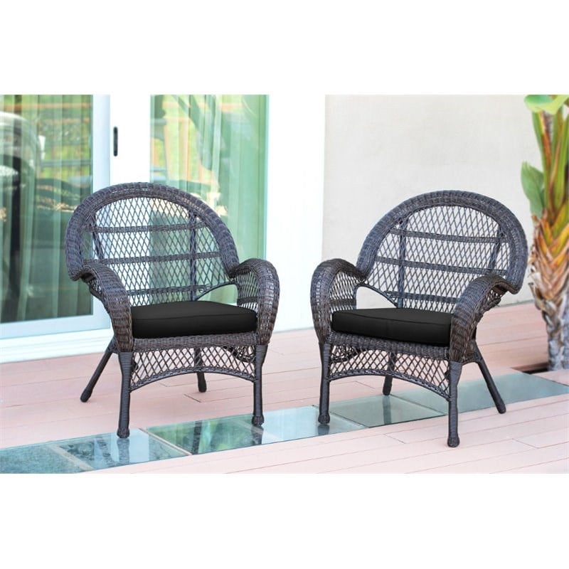 Jeco Wicker Chair in Espresso with Black Cushion (Set of 2)