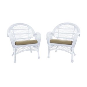 Jeco Wicker Chair in White with Tan Cushion (Set of 2)
