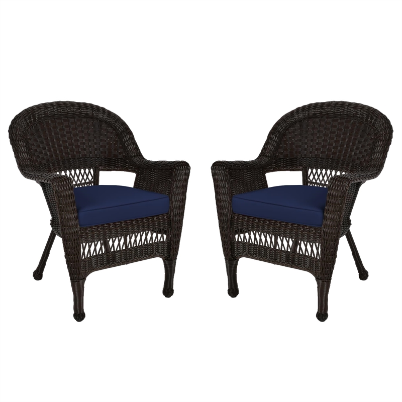 Jeco Wicker Chair in White with Blue Cushion (Set of 2)