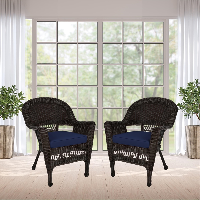 Jeco Wicker Chair in White with Blue Cushion (Set of 2)