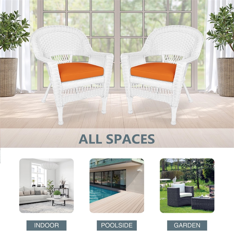 Jeco Wicker Chair in White with Orange Cushion (Set of 2)