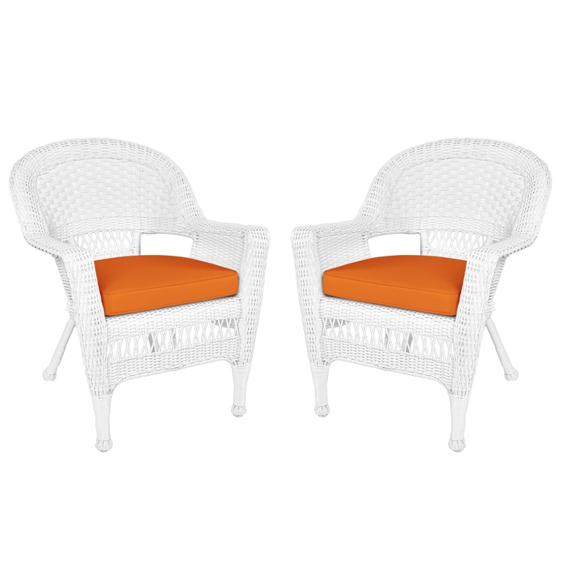 Jeco Wicker Chair in White with Orange Cushion (Set of 2)