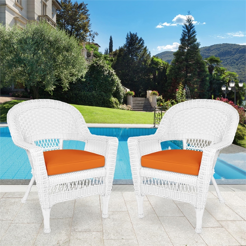 Jeco Wicker Chair in White with Orange Cushion (Set of 2)
