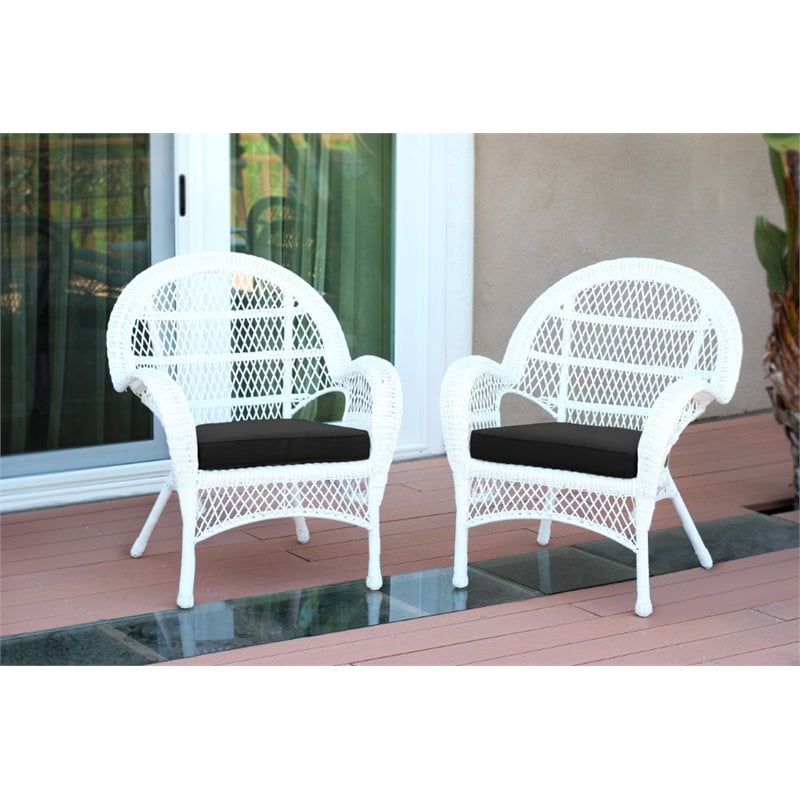 Jeco Wicker Chair in White with Black Cushion (Set of 2)