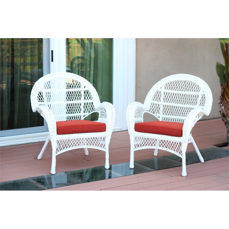 Jeco Wicker Chair in White with Red Cushion (Set of 2) - W00209-C_2