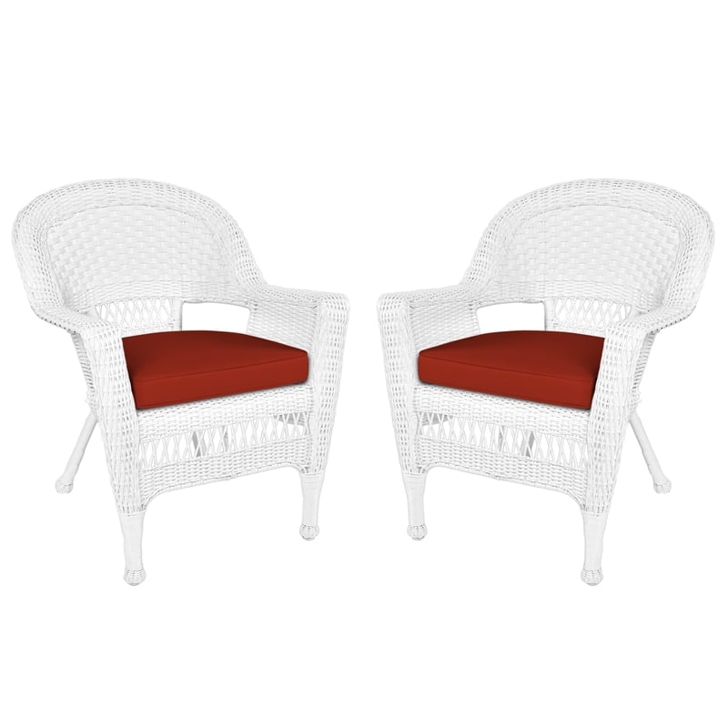 Jeco Wicker Chair in White with Red Cushion (Set of 2)