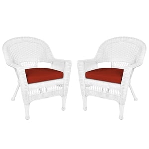 Jeco Wicker Chair in White with Red Cushion (Set of 2)