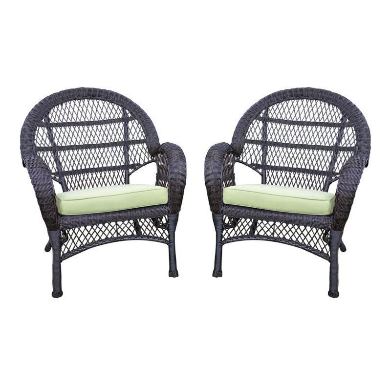 Jeco Wicker Chair in Espresso with Green Cushion (Set of 4)