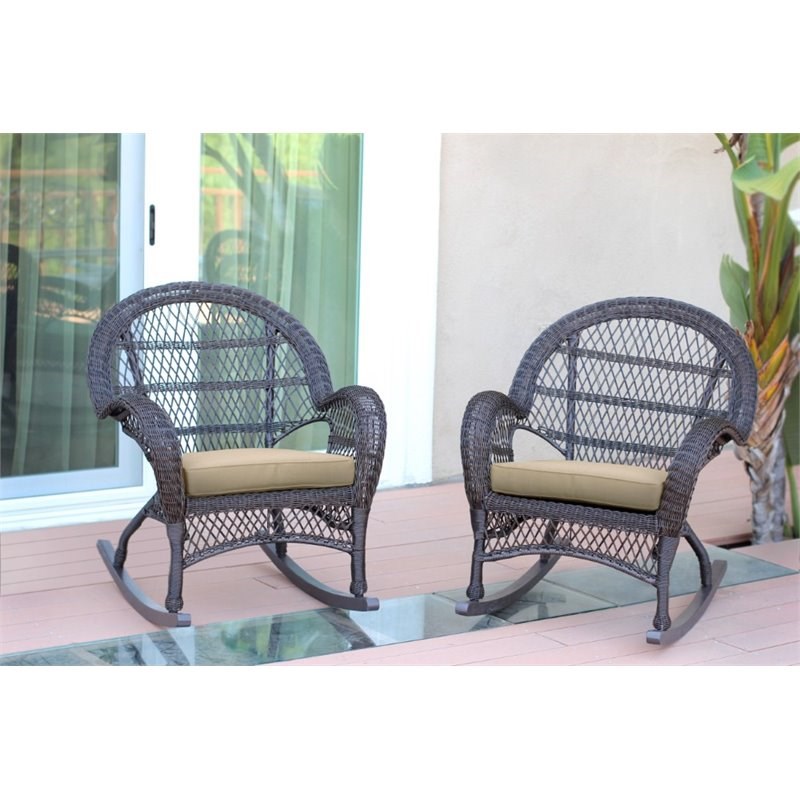 Jeco Wicker Rocker Chair in Espresso with Tan Cushion (Set of 2)