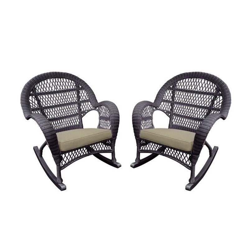 Jeco Wicker Rocker Chair in Espresso with Tan Cushion (Set of 2)