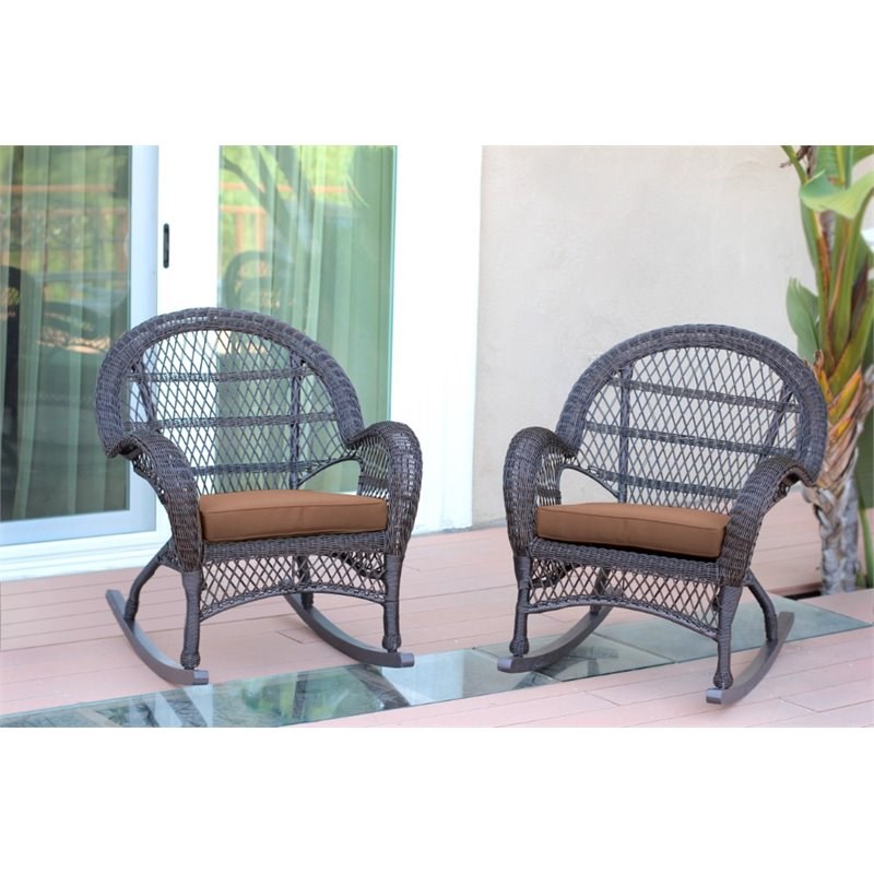 Jeco Wicker Rocker Chair in Espresso with Brown Cushion (Set of 2)