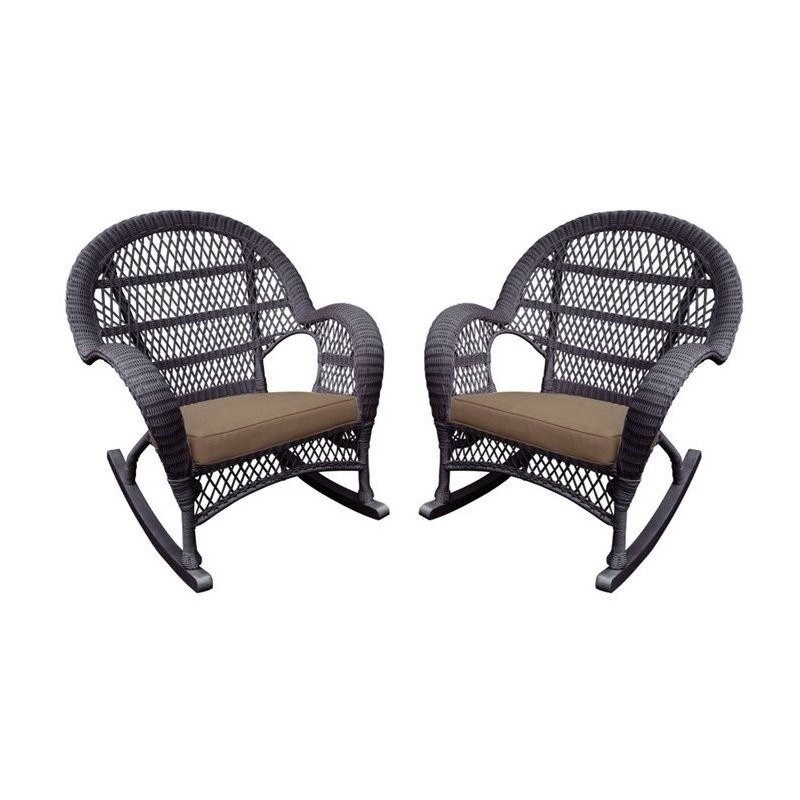 Jeco Wicker Rocker Chair in Espresso with Brown Cushion (Set of 2)