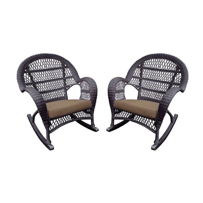 Jeco Wicker Rocker Chair In Espresso With Brown Cushion Set Of 2 W00208 R Fs007 Cs - Wicker Patio Set No Cushion