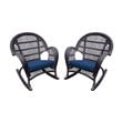 Jeco Wicker Rocker Chair in Espresso with Blue Cushion (Set of 2)