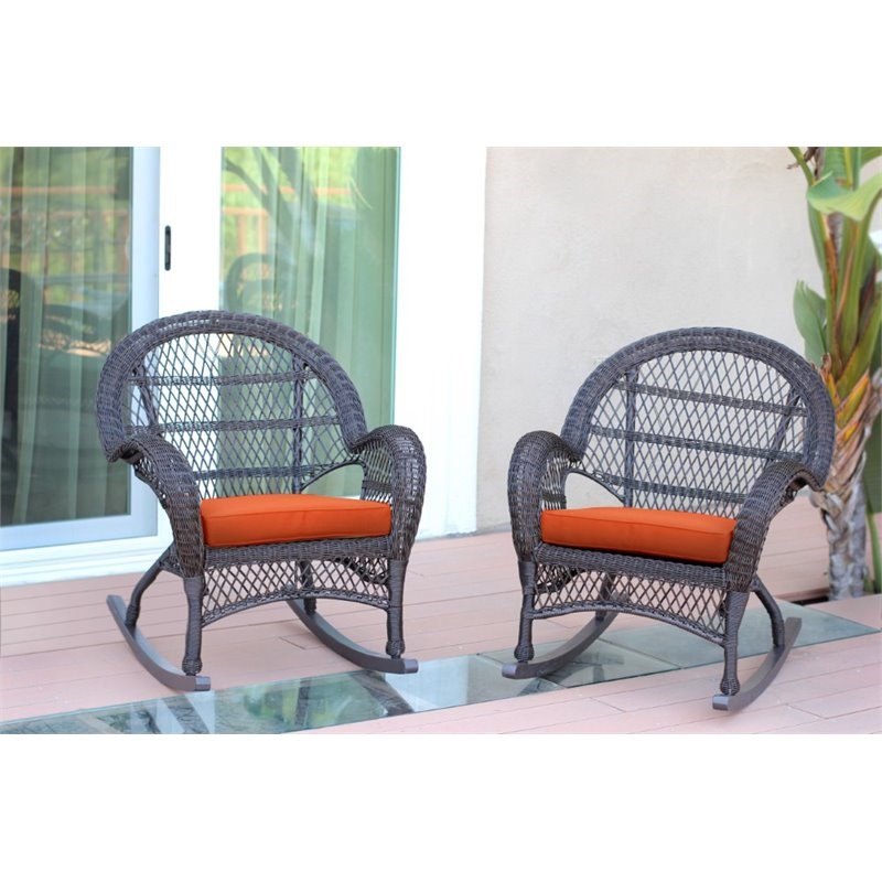 Jeco Wicker Rocker Chair in Espresso with Orange Cushion (Set of 2)