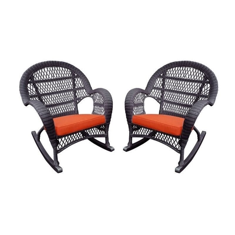 Jeco Wicker Rocker Chair in Espresso with Orange Cushion (Set of 2)