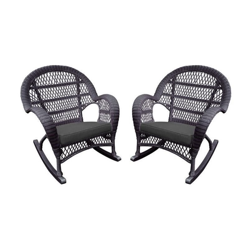 Jeco Wicker Rocker Chair in Espresso with Black Cushion (Set of 2)