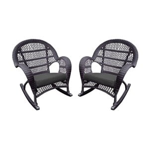 Jeco Wicker Rocker Chair in Espresso with Black Cushion (Set of 2)