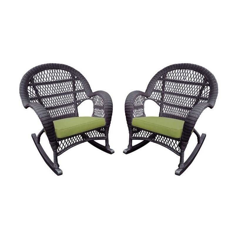 Jeco Wicker Rocker Chair in Espresso with Green Cushion (Set of 2)