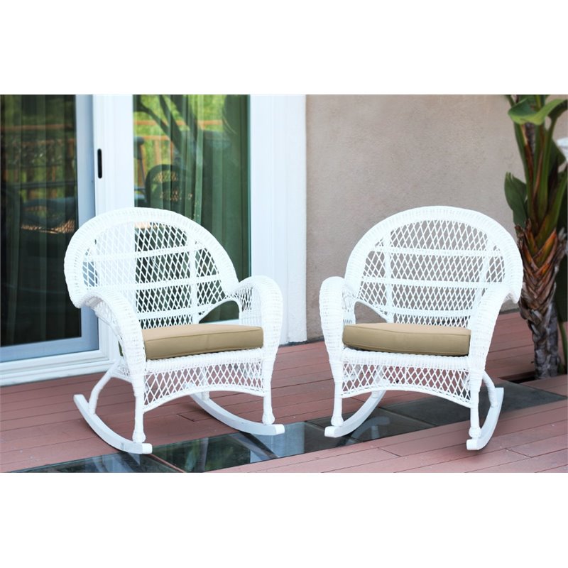 Jeco Wicker Rocker Chair in White with Tan Cushion (Set of 2)