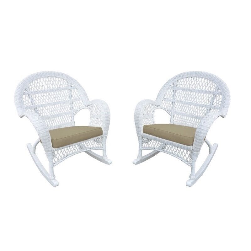Jeco Wicker Rocker Chair in White with Tan Cushion (Set of 2)