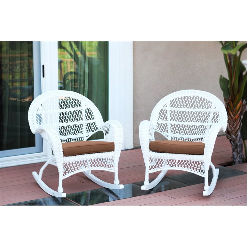 Jeco Wicker Rocker Chair in White with Brown Cushion (Set of 2)