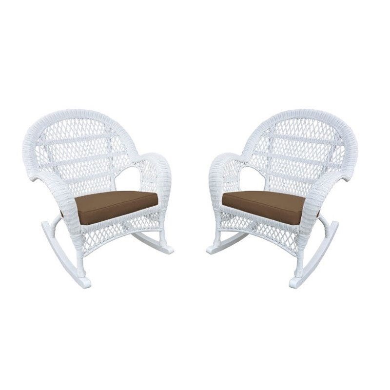 Jeco Wicker Rocker Chair in White with Brown Cushion (Set of 2)