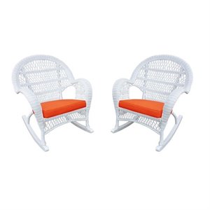 Jeco Wicker Rocker Chair in White with Orange Cushion (Set of 2)