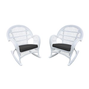 Jeco Wicker Rocker Chair in White with Black Cushion (Set of 2)