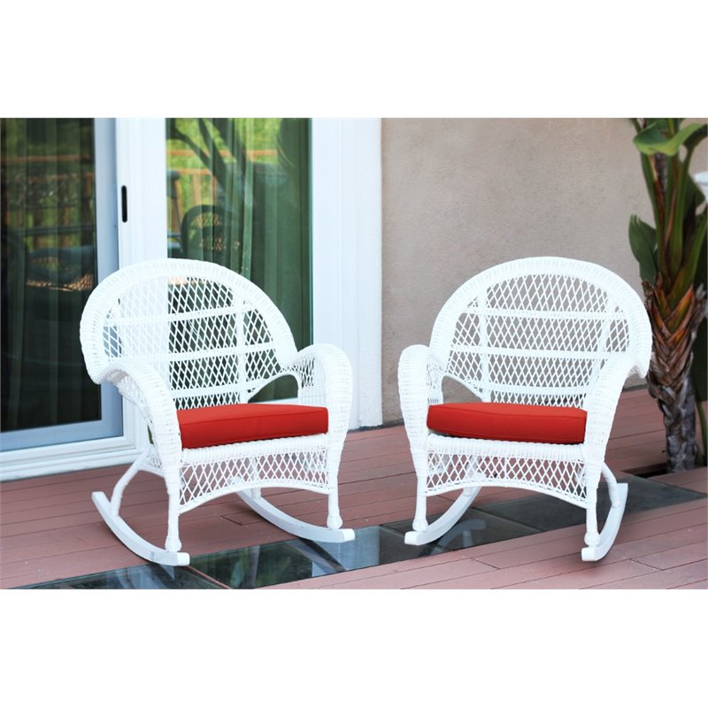 Jeco Wicker Rocker Chair in White with Red Cushion (Set of 2)