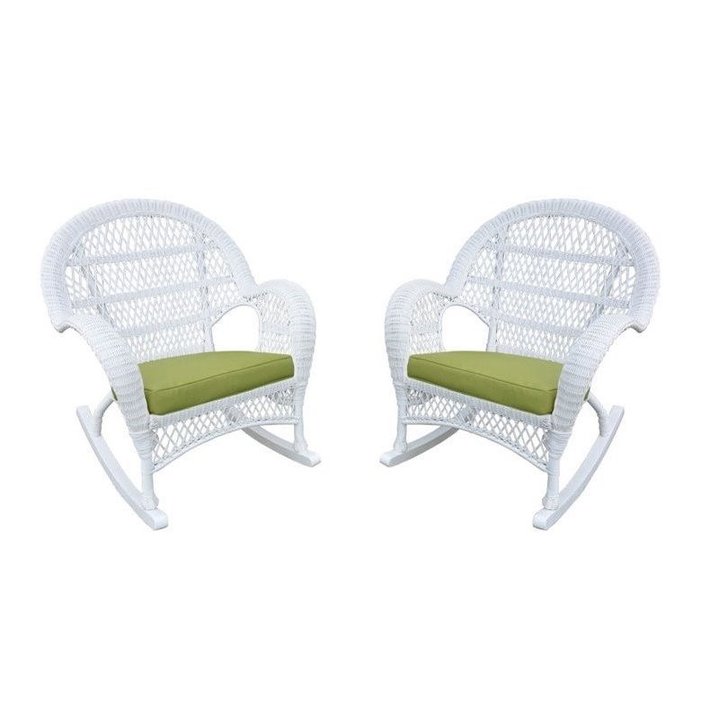 Jeco Wicker Rocker Chair in White with Green Cushion (Set of 2)