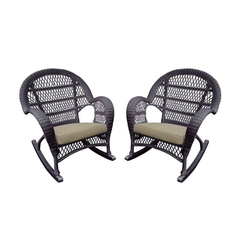 Jeco Resin Wicker Patio Rocker Chair in Espresso with Tan Cushion (Set of 4)