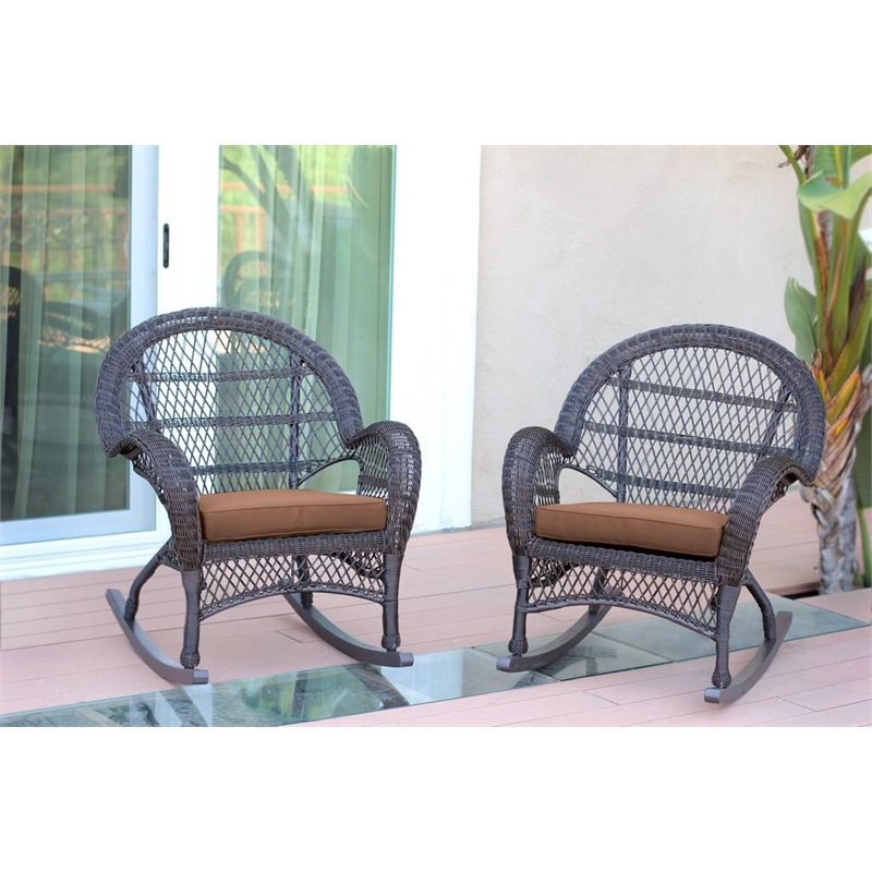 Jeco Resin Wicker Patio Rocker Chair in Espresso with Brown Cushion (Set of 4)