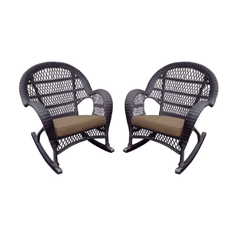 Jeco Resin Wicker Patio Rocker Chair in Espresso with Brown Cushion (Set of 4)